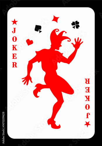 Original design of the Joker playing card. Red Joker, playing card with the image of a silhouette of a dancing jester. Vector illustration