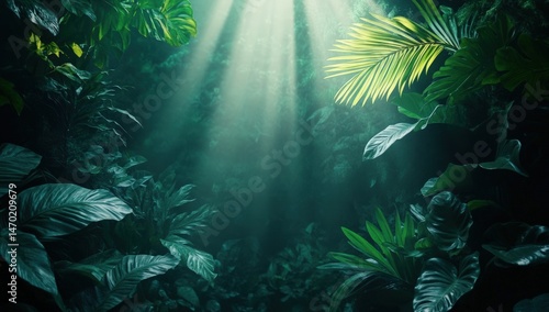 Fototapeta Naklejka Na Ścianę i Meble -  Lush jungle foliage, sunlight rays