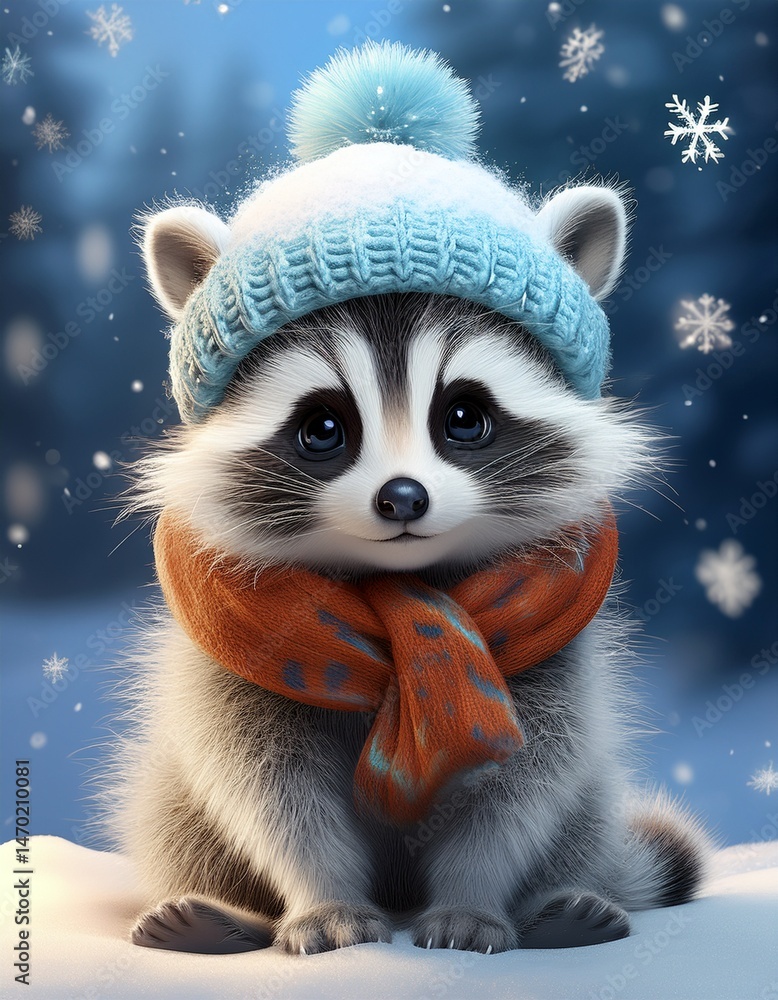 Waschbär mit Schneeflocken auf der Nase und bunter Winterkleidung Waschbär mit Schneeflocken auf der Nase und bunter Winterkleidung