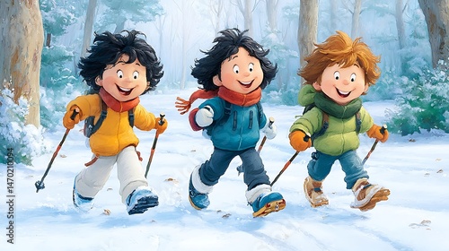 Three children are hiking through a snow covered area. They are smiling and wearing cold weather gear. They each have walking sticks and backpacks