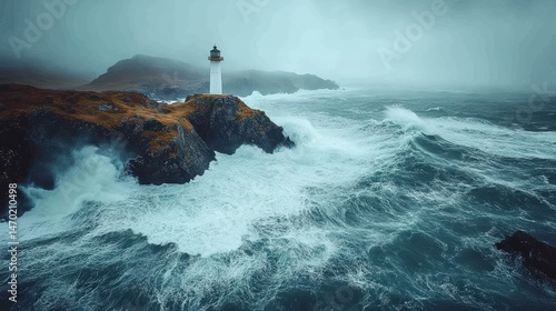 Lighthouse on rocky coastline under stormy sky with turbulent waves