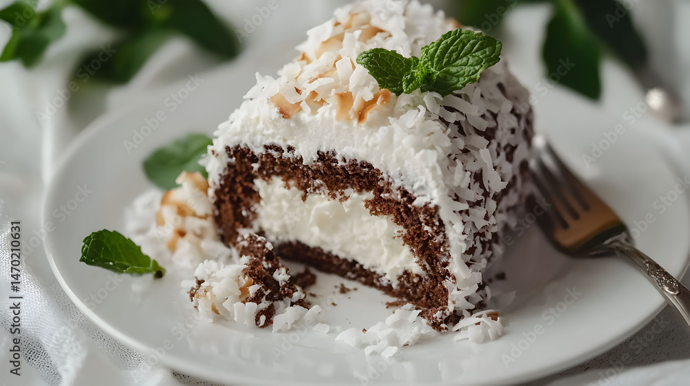 Chocolate swiss roll cake coconut flakes cream filli Chocolate swiss roll cake coconut flakes cream filli