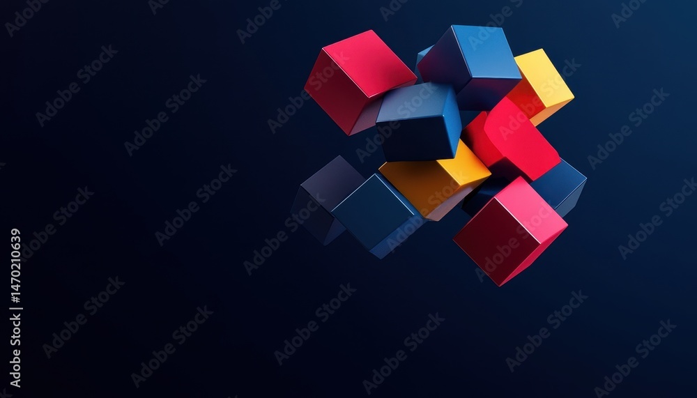 Abstract composition of floating colorful cubes in shades of red blue and yellow against a dark background creating a modern and dynamic visual with selective focus and soft lighting. Abstract composition of floating colorful cubes in shades of red blue and yellow against a dark background creating a modern and dynamic visual with selective focus and soft lighting.