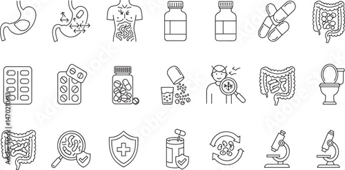Digestion, intestine, stomach, and probiotics editable stroke outline icons set isolated on white background flat vector illustration.
