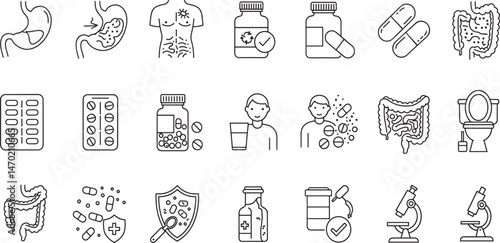 Digestion, intestine, stomach, and probiotics editable stroke outline icons set isolated on white background flat vector illustration.