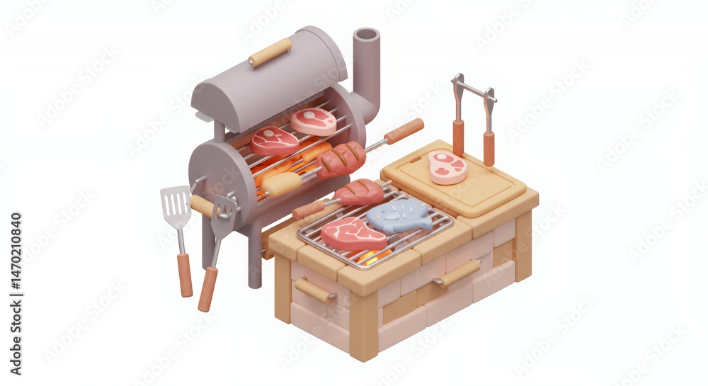 Isometric View of Cartoonish Grilling Station with Various Meats Being Smoked on Grill in Pastel Colors Isolated on White Background