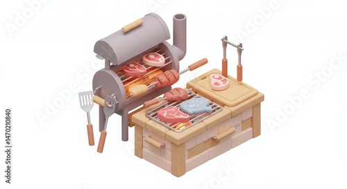 Obraz na płótnie Isometric View of Cartoonish Grilling Station with Various Meats Being Smoked on Grill in Pastel Colors Isolated on White Background w salonie