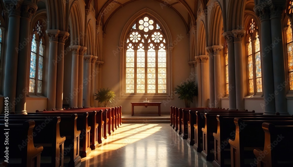 Obraz premium Serene church interior, stained glass window, soft light, peaceful atmosphere , bible, protestant