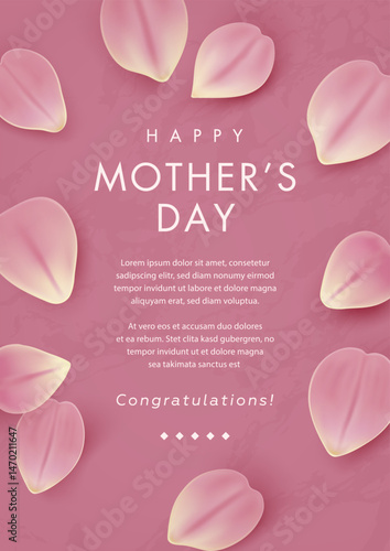 Mother's day poster or banner with realistic 3d tulip petals on pink background. Mother day greeting card design template. Vector illustration