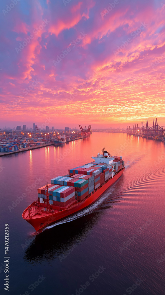 Fototapeta premium A large container ship with containers on the deck is sailing in calm waters against the background of an industrial port and sky at sunset. Global logistics, cargo transportation by sea for internati