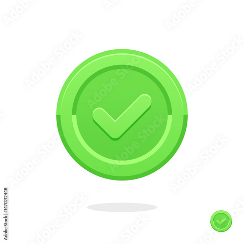 Green check mark icon. Vector check mark. Sign of voting. Sign of choice. Coin icon. Coin with the Check mark. Green medal. Premium quality. Achievement badge. Approval sign. Task done. Money symbol. 