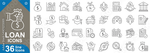 Loan line icons set. Thin outline finance symbols for personal loan, home, credit, lending, mortgage, banking, debt, interest, payment, budget, agreement, and more. Vector illustration