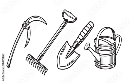 Black line silhouette agriculture tools Black and White Gardening tools Icon vactor