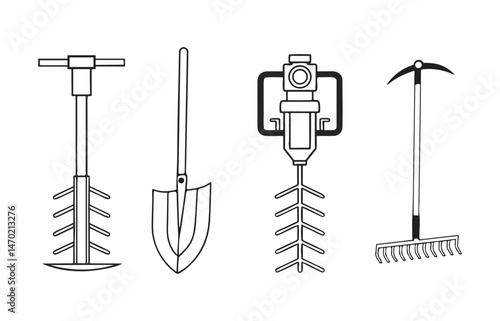 Black line silhouette agriculture tools Black and White Gardening tools Icon vactor