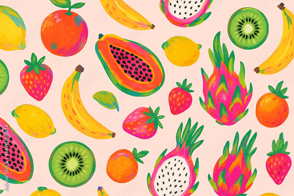 Seamless Tropical Fruit Pattern for Fabric – Hand-Drawn Colorful Summer Textile Design Seamless Tropical Fruit Pattern for Fabric – Hand-Drawn Colorful Summer Textile Design