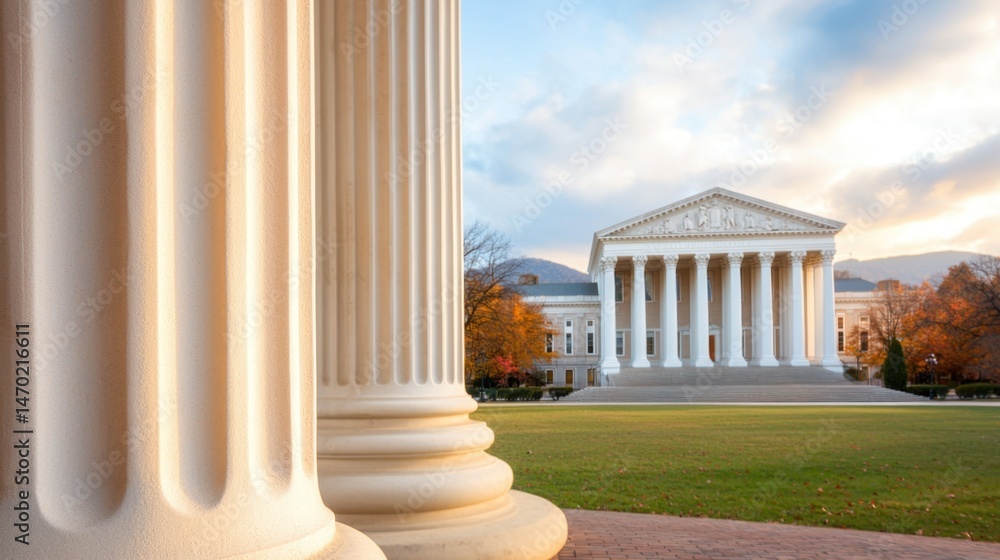 Obraz premium History Legacy Impact Concept, Majestic Historic Courthouse with Grand Columns at Sunset in a Scenic Outdoor Setting