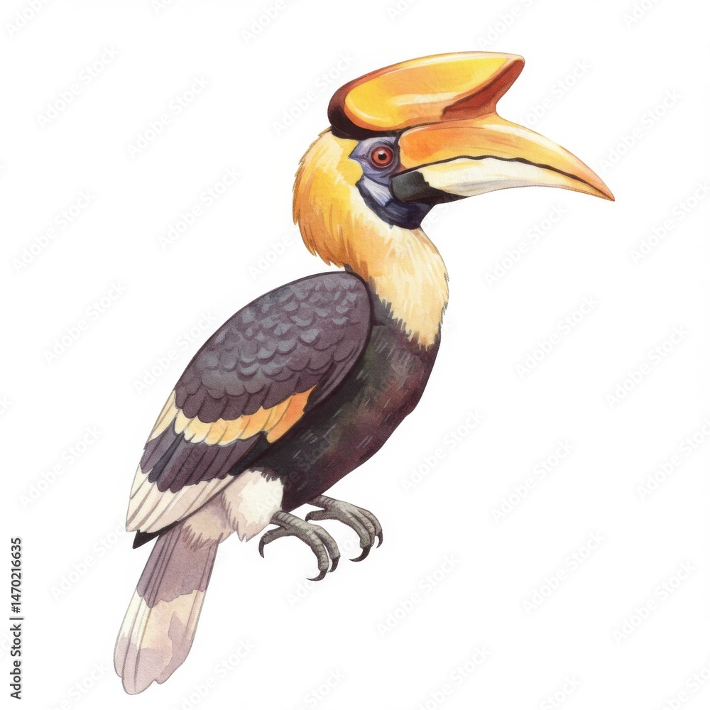 Obraz premium Yellow Crested Hornbill Watercolor Illustration