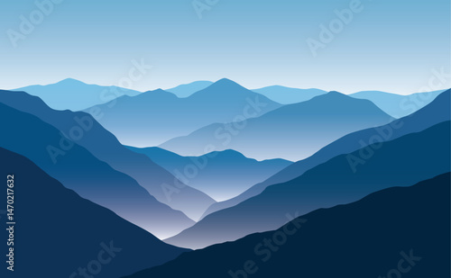 Vector mountain range landscape with blue silhouettes of hills and peaks with fog