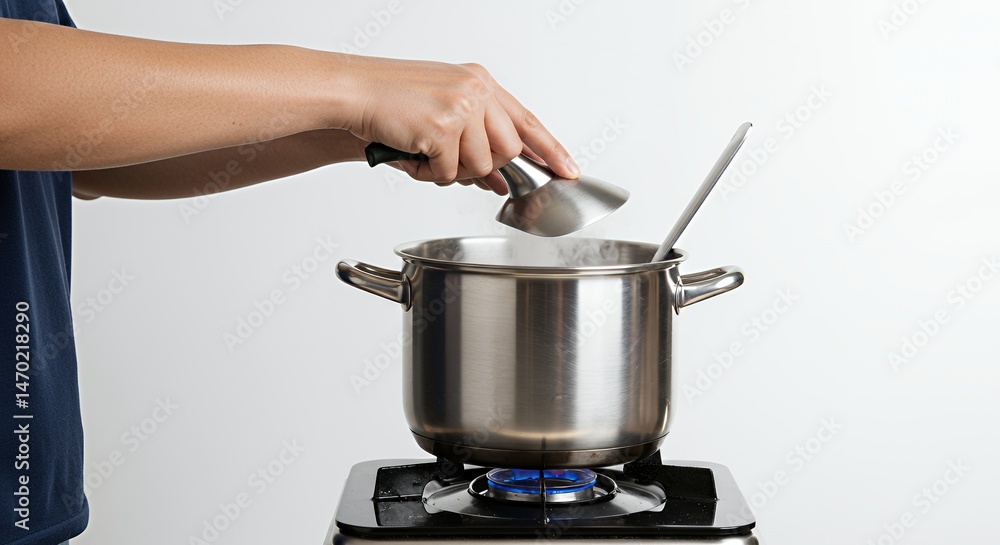 Hands Ladling Food from a Stainless Steel Pot on a Lit Gas Stove with Bright White Background