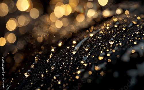 The image showcases a wet, shiny surface with numerous small, sparkling droplets scattered all over