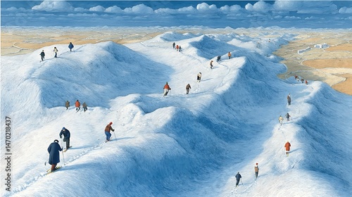 People going downhill on skis.