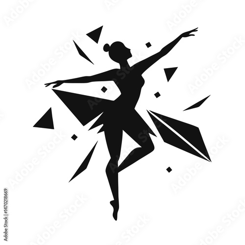Elegant dancer in motion surrounded by geometric shapes creating a dynamic artistic expression