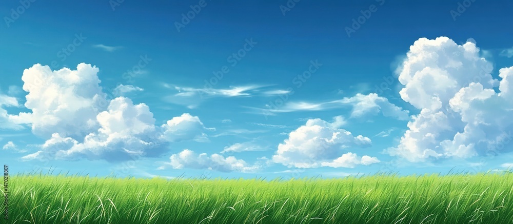 Fototapeta premium Expansive green grassland under clear blue sky with white fluffy clouds.