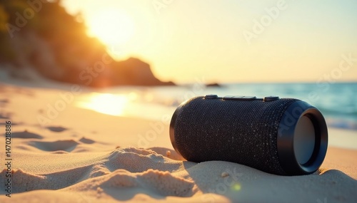 Portable Bluetooth speaker on a sandy beach, sun shining , treble, sound, waves