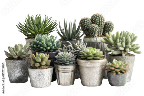 Collection of potted succulent plants isolated on transparent background