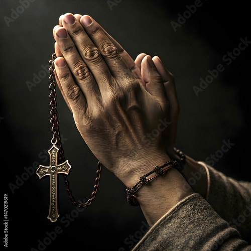 praying hands with cross on chain
