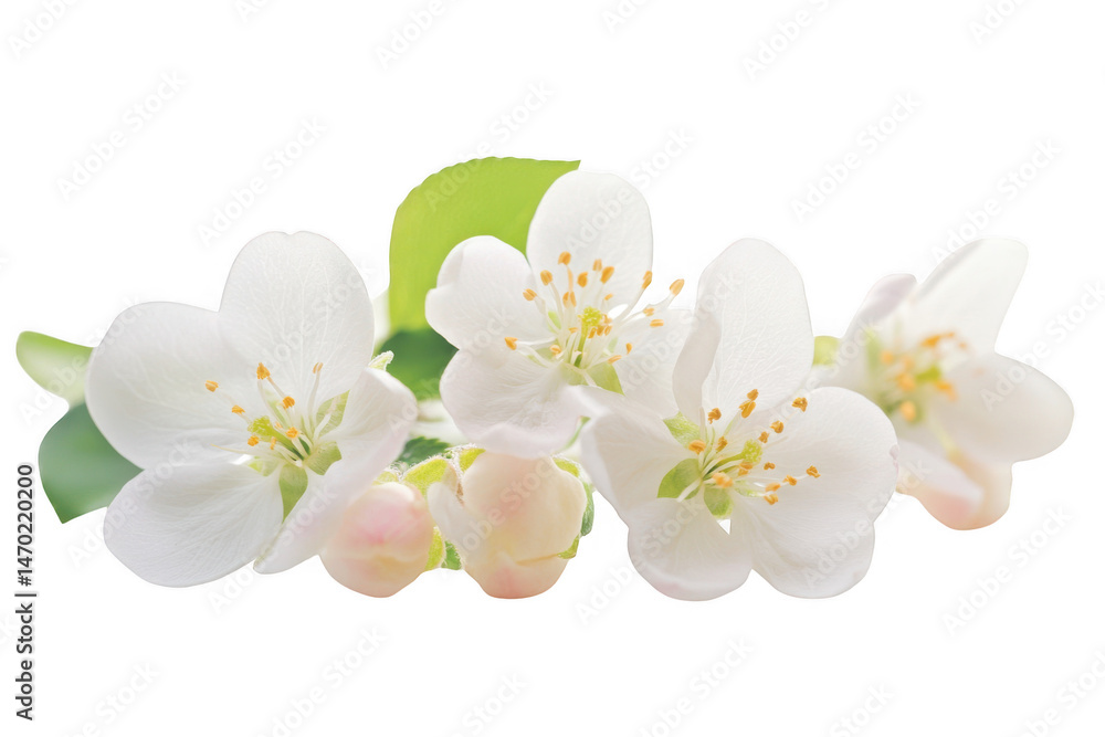 White blossoms with green leaves isolated on transparent background White blossoms with green leaves isolated on transparent background