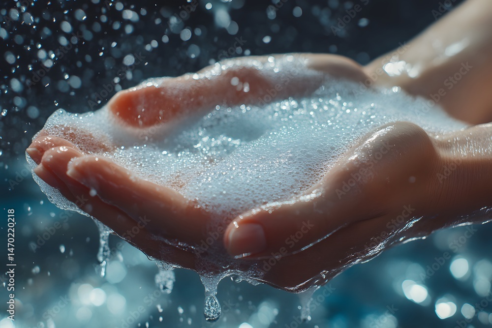 Fototapeta premium Close up presents hands cupped filled with bubbling lather and dripping water.