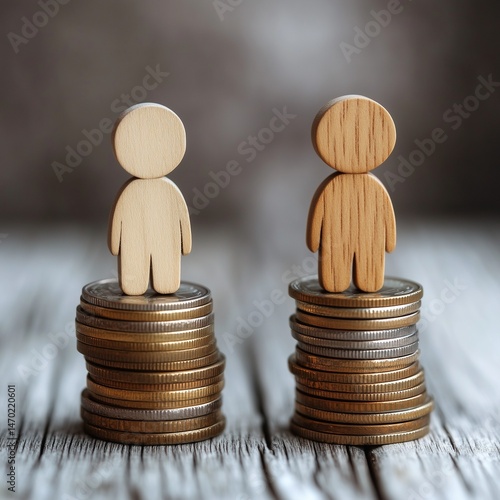  Wooden figures on a stack of coins.