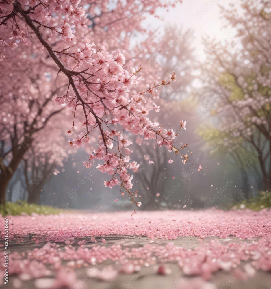 Fototapeta premium Soft pink sakura petals descend, blurring into a dreamy spring scene , oriental, bokeh