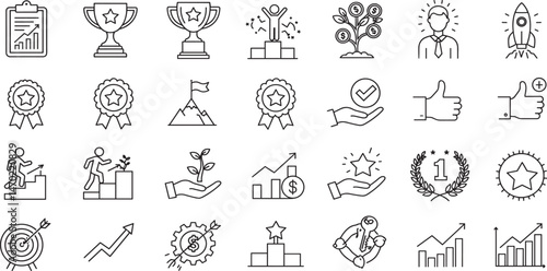 Success, award, growth, win, thumbs up editable stroke outline icons set isolated on white background flat vector illustration