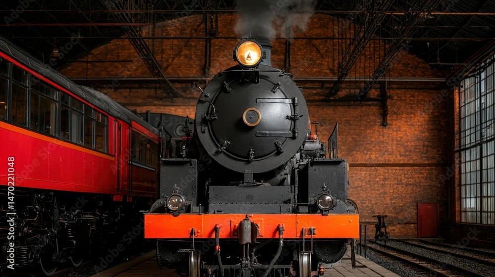 Obraz premium History Legacy Impact Concept, Restored Steam Locomotive on Display in Railway Museum with Vintage Train Cars in Background