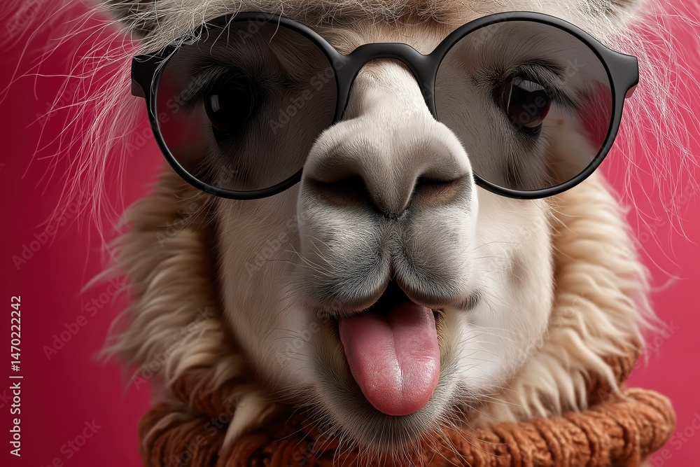 Llama with black glasses playfully sticking out its tongue against a vibrant pink background