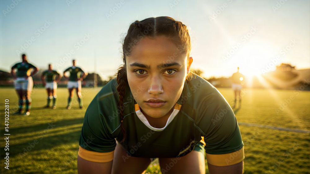 Naklejka premium Determined Young Female Rugby Player Catching Her Breath on Sunny Field 