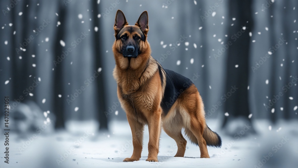 German Shepherd in Snowy Forest - Winter Wildlife Scene. Generative AI German Shepherd in Snowy Forest - Winter Wildlife Scene. Generative AI
