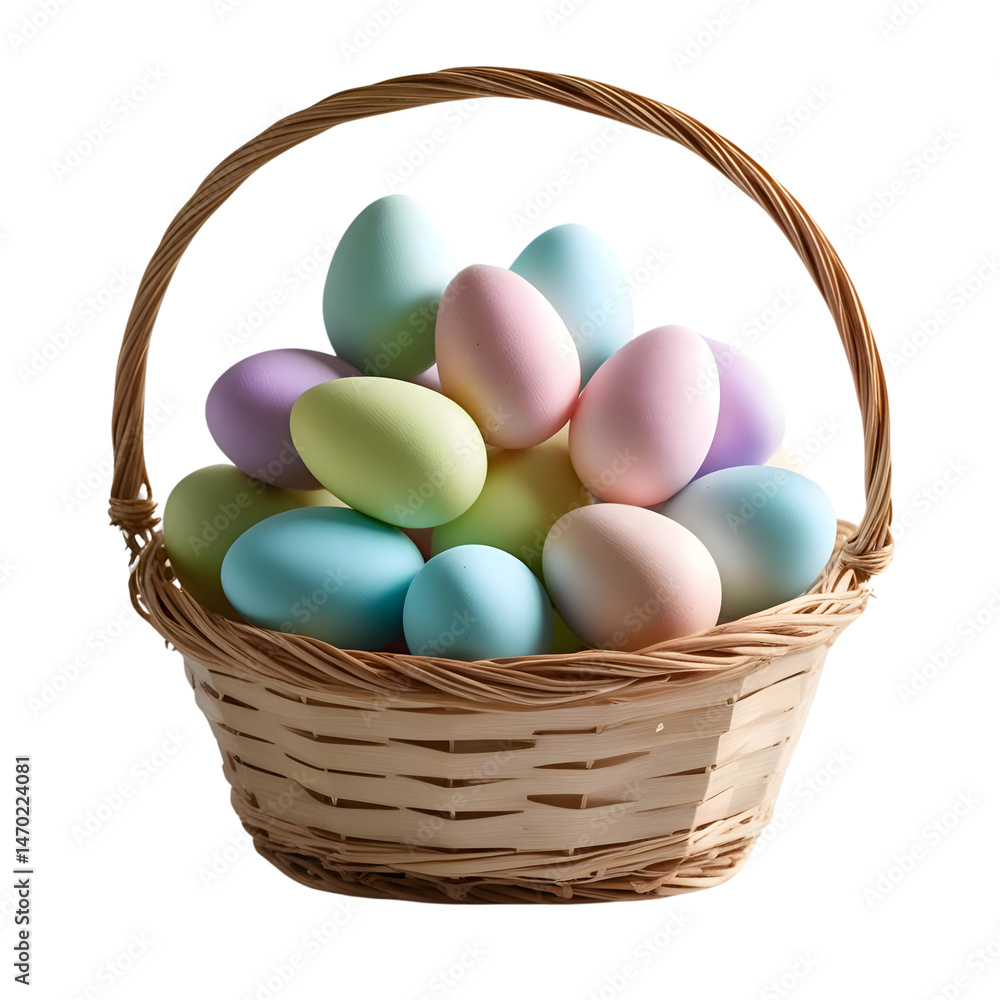 Naklejka premium Pastel Easter Eggs in a Woven Basket isolated on transparent background Generative AI.