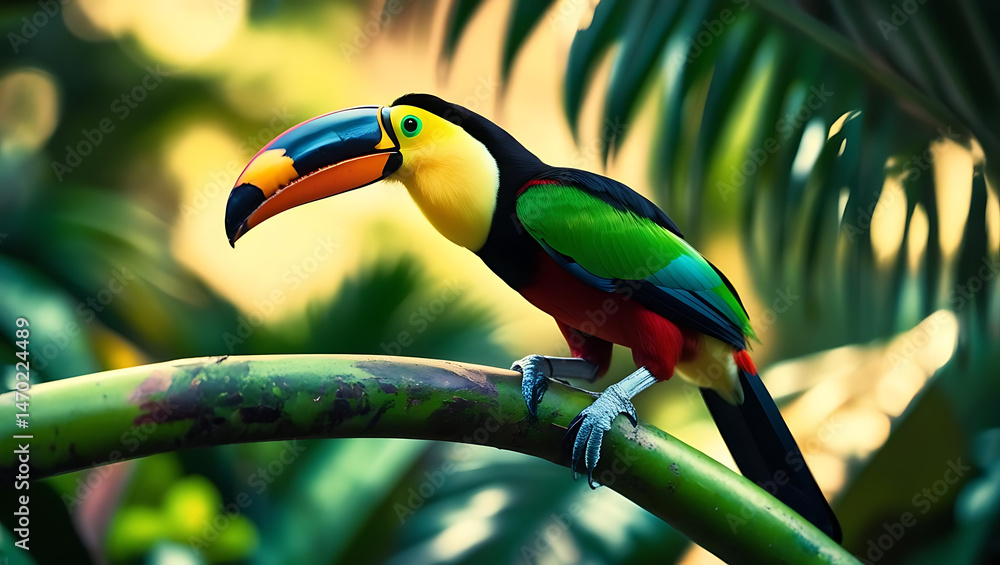 Fototapeta premium Colorful toucan sitting on a tree branch in the tropical jungle