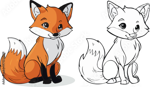 Cute Fox Cartoon Character Illustration With Color And Outline Versions Vector