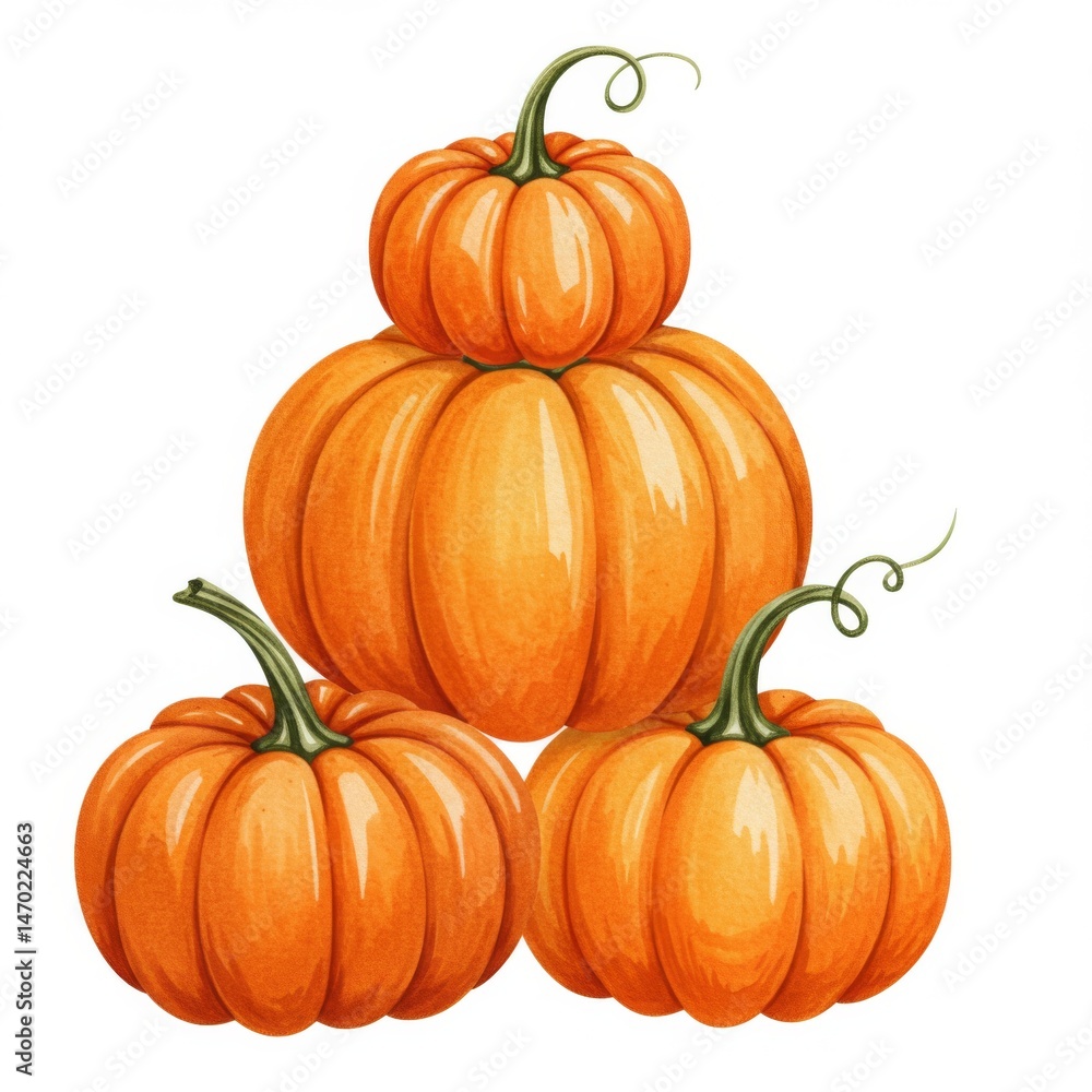 Fototapeta premium Stack of Orange Pumpkins Watercolor Illustration