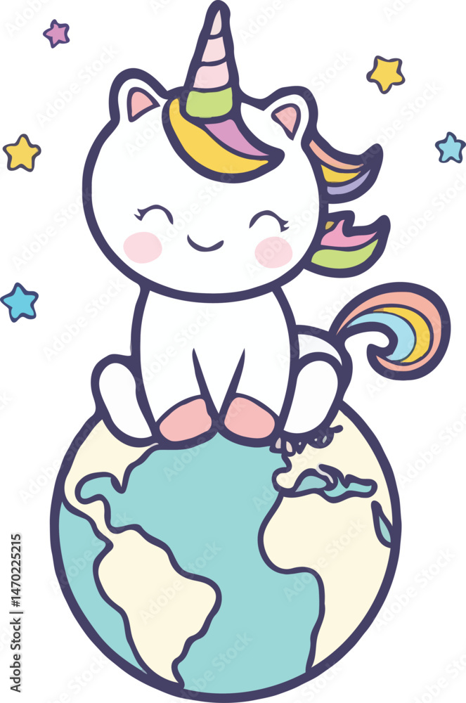 Fototapeta premium Cute Cartoon Unicorn With Rainbow Mane Sitting On Top Of The World