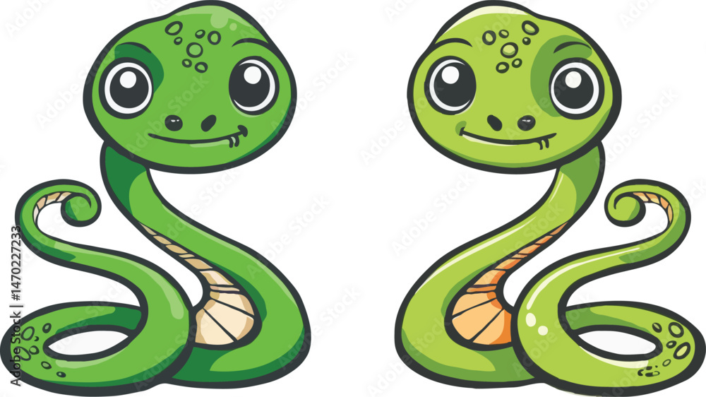 Two Cute Green Cartoon Snakes Smiling With Big Eyes Illustration Two Cute Green Cartoon Snakes Smiling With Big Eyes Illustration
