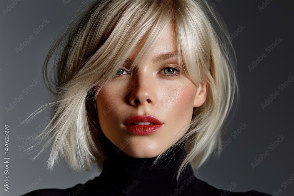 Woman with striking blonde hair and pale complexion poses with confidence in a minimalist setting during evening hours