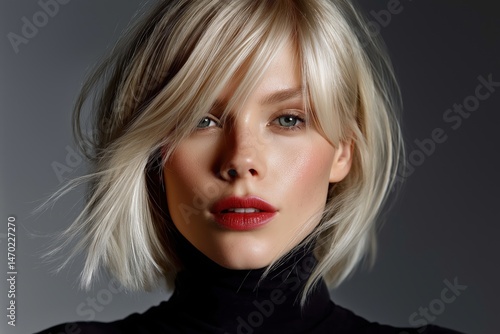 Obraz na płótnie Woman with striking blonde hair and pale complexion poses with confidence in a minimalist setting during evening hours w salonie