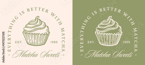 Matcha sweets cupcake cake Japanese dessert lovers green tea flavor aesthetic logo badge sticker label. Cute trendy fancy girly organic natural vegan food girl funny quotes shirt design illustration.