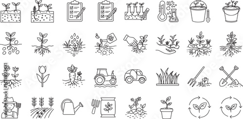 Soil ground and gardening editable stroke outline icons set isolated on white background flat vector illustration.