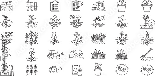 Soil ground and gardening editable stroke outline icons set isolated on white background flat vector illustration.